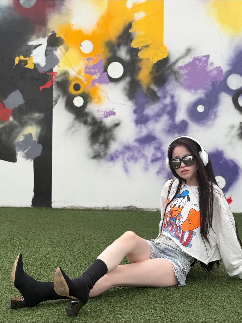 Graphic Donald Duck Cropped Sweatshirt with Orange & Blue Print